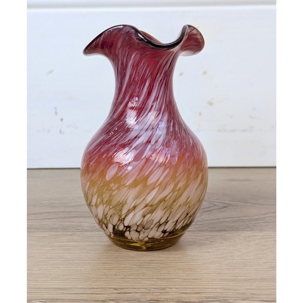 Murano Style Art Glass Pitcher Creamer 5" Cranberry Amber Spatter Hand Blown - Picture 4 of 10